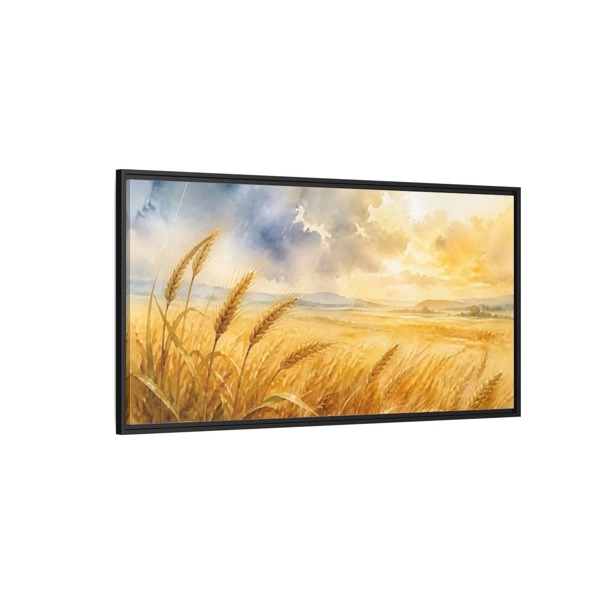 Sunlit Wheat Field Framed Canvas Print – Living Room, Above Fireplace 48×24 inch (120×60 cm) - Horizontal/Black / 1.25 inch (3 cm)