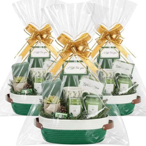 Image of Colingmill 3 Pack Easter Small Woven Basket for Gifts with Handles Clear Bags and Ribbons Empty Storage Basket Decorative Chest Box for Easter Wedding Present(White and Green,12 inchx 8 inchx 5 inch)