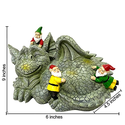 Sleeping Dragon With Mischievous Gnomes Garden Outdoor Statue. Unique Design, Eye-Catching Piece Of Dragon Decor, A Dragon Decoration Laid-Back Pose, Majestic Wings And Friendly Face Make Great Gift. #TOP2