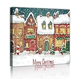 クリスマスキャンバスウォールアート雪に覆われた村のシーンリビングルーム農家ティーンルーム冬の壁の装飾60x60cmインナーフレーム用のキャンバスプリントを吊るす準備ができています