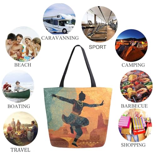 Indian Ethnic Dancing Man Extra Large Canvas Gym Shoulder Tote,Durable Daily Reusable Top Handle Bag for Mens Womens Yoga Weekender Picnic Beach Travel Market Shopping4