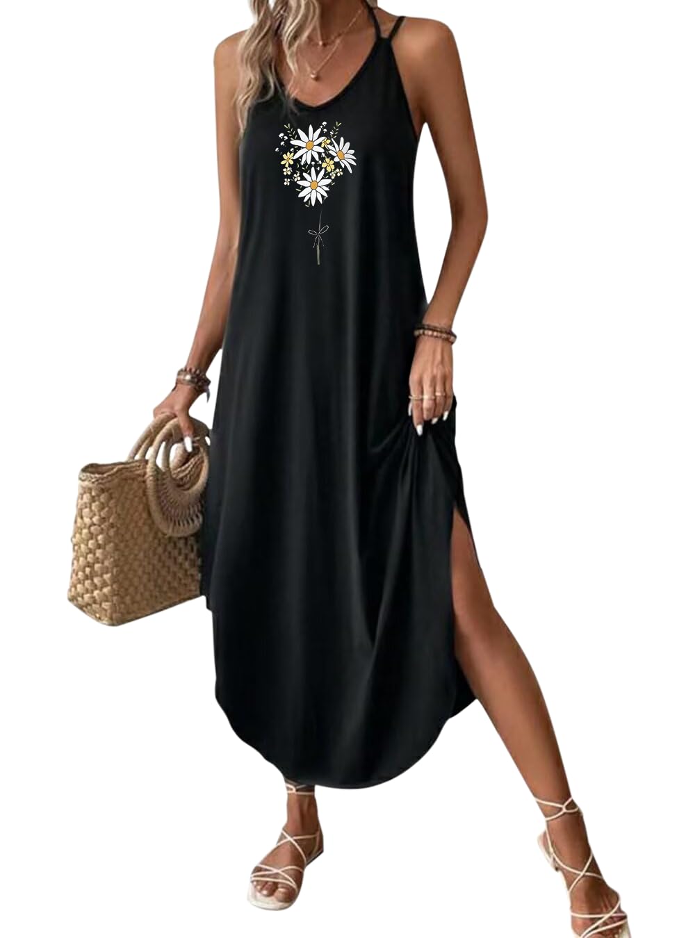 Chicrise Vestido largo de verano para mujer, sin mangas, con tirantes finos y escote en V