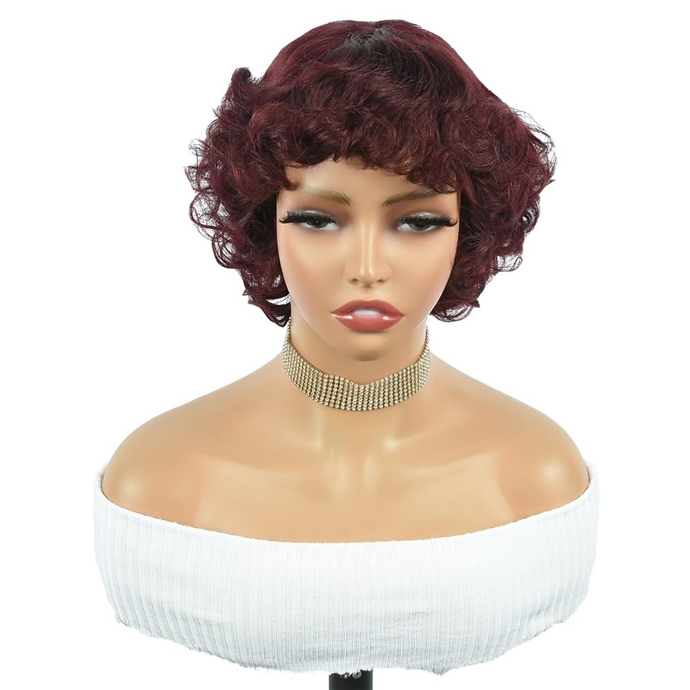 xiuling4568 Short Curly Human Hair Wig with Bangs, 6 Inch Glueless Wigs for Women 100 gram Hairs Extensions(Wine red)