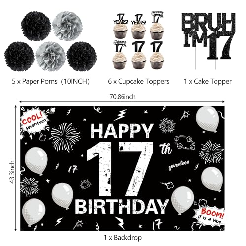 Image of Holkcog 17th Birthday Decorations for Boys Girls, Black 17th Birthday Decorations Supplies, 17 Number Ballons Gifts, Black Glitter Bruh I'm 17 Cake Topper Cupcake, Bro I'm 17 Party Backdrop Banner