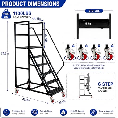 Image of 6-Step Rolling Warehouse Step Ladder, Lockable Wheels, Non-Slip Wide Steps, Dual Handrails, Movable Platform Ladder, Rolling Stairs for Warehouse, Supermarket, Library (Black, 6 Steps)