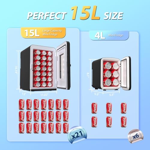 Image of Mini Fridge for Bedroom, 15L Small Fridge for Car, Office Desk & Dorm Room, 110V AC /DC Portable Thermoelectric Cooler & Warmer for Skincare, Food, Drinks, Black