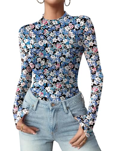 Zeagoo Womens Floral Mesh Long Sleeve Tops See Through Going Out Blouses Mock Neck Sheer Party Outfits Shirts S-XXL