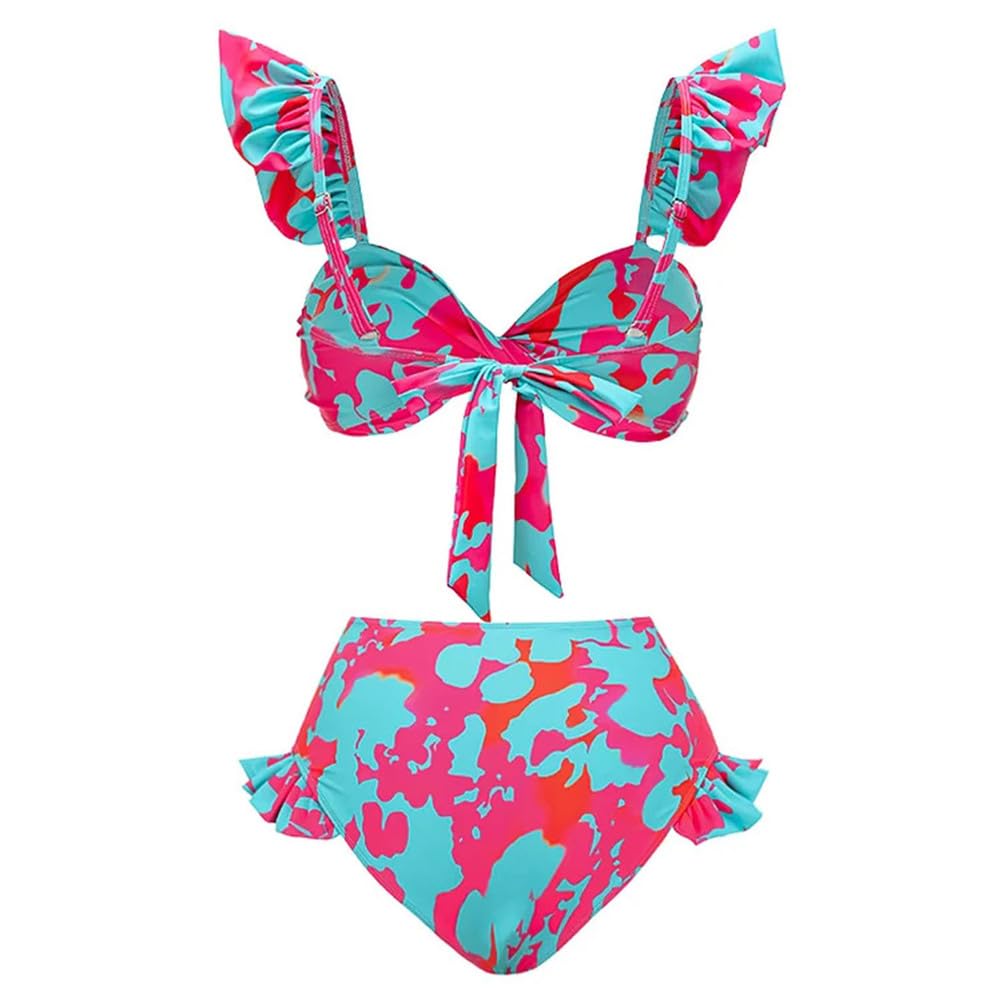 Donna Ruffle Trim Bikini Stampato Set Scollo a V Vita Alta Fondo Push Up Costume Da Bagno Beachwear