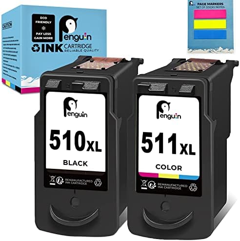 510 511 XL Penguin Remanufactured Printer Ink Cartridge Replacement for Canon PG-510XL CL-511XL 512XL 513XL (1 Black,1 Colour) for MP230 MP492 MP495(Special Edition Includes 1 Set of Sticky Notes)