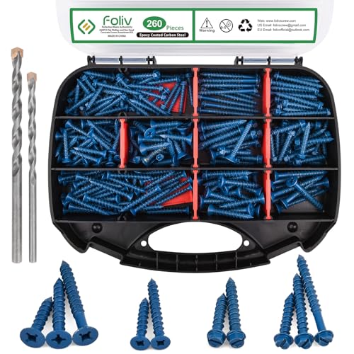 FOLIV 260PCS Concrete Screws with Drill Bit, 1/4 3/16 Concrete Screws Assortment Kit, Flat & Hex Head Masonry Block Brick Cement Screws and Anchors, Diamond Point, Length from 1-1/4 to 2-1/4