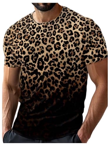 Men's Leopard Print T Shirts Y2K Cheetah Crew Neck Short Sleeve Tees Vintage Tops Trendy Clubwear4