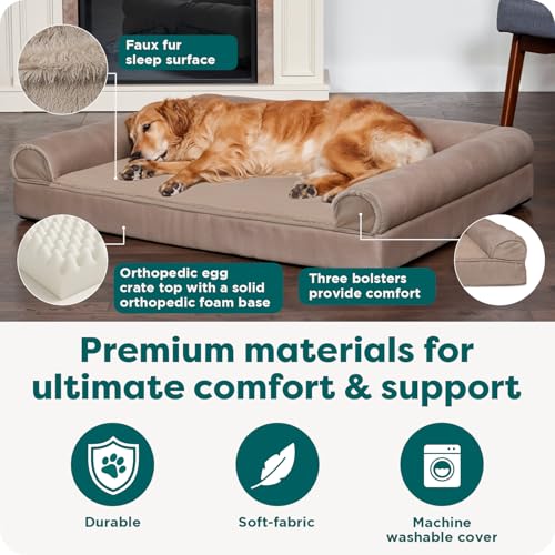 Image of Furhaven Orthopedic Dog Bed for Large Dogs w / Removable Bolsters & Washable Cover, For Dogs Up to 95 lbs - Luxe Faux Fur & Performance Linen Sofa - Woodsmoke, Jumbo /XL