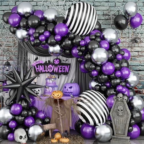 Halloween Balloon Garland Arch Kit 135PCS Nightmare Theme Balloons Purple Black Silver Balloons with Foil Starburst Balloon for Spooky Party Dark Style Birthday Gothic Theme Party Decor