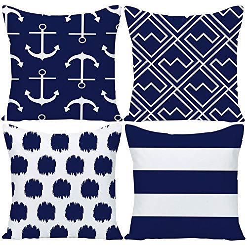 Wilproo Navy Blue Nautical Anchors Throw Pillow Covers 18 X 18 Inch Set Of 4, Geometric Blue Dots Cushion Cover Square Pillowcase Cotton Linen Outdoor For Sofa Couch Patio Home Decor #TOP17