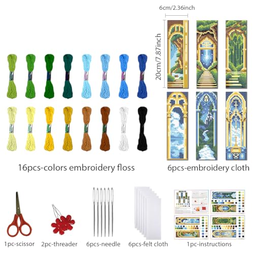 Image of FREEBLOSS 6 Set Cross Stitch Bookmark Kits for Beginner Castle Night View Stamped Cross Stitch Kit DIY Embroidery Bookmark Kit with Instructions 8 inch x 2.4 inch