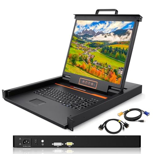 Image of 1U KVM 19 inch Rack Mount Monitor Keyboard, Single DVI /VGA Input with Cables