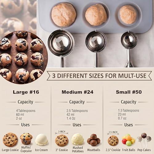 Image of Ice Cream Scoop, 3Pcs Cookie Scoop Set, Stainless Steel Ice Cream Scooper with Trigger Release, Large /Medium /Small Cookie Scooper for Baking, Cookie Scoops for Baking Set of 3 with Cookie Dough Scoop