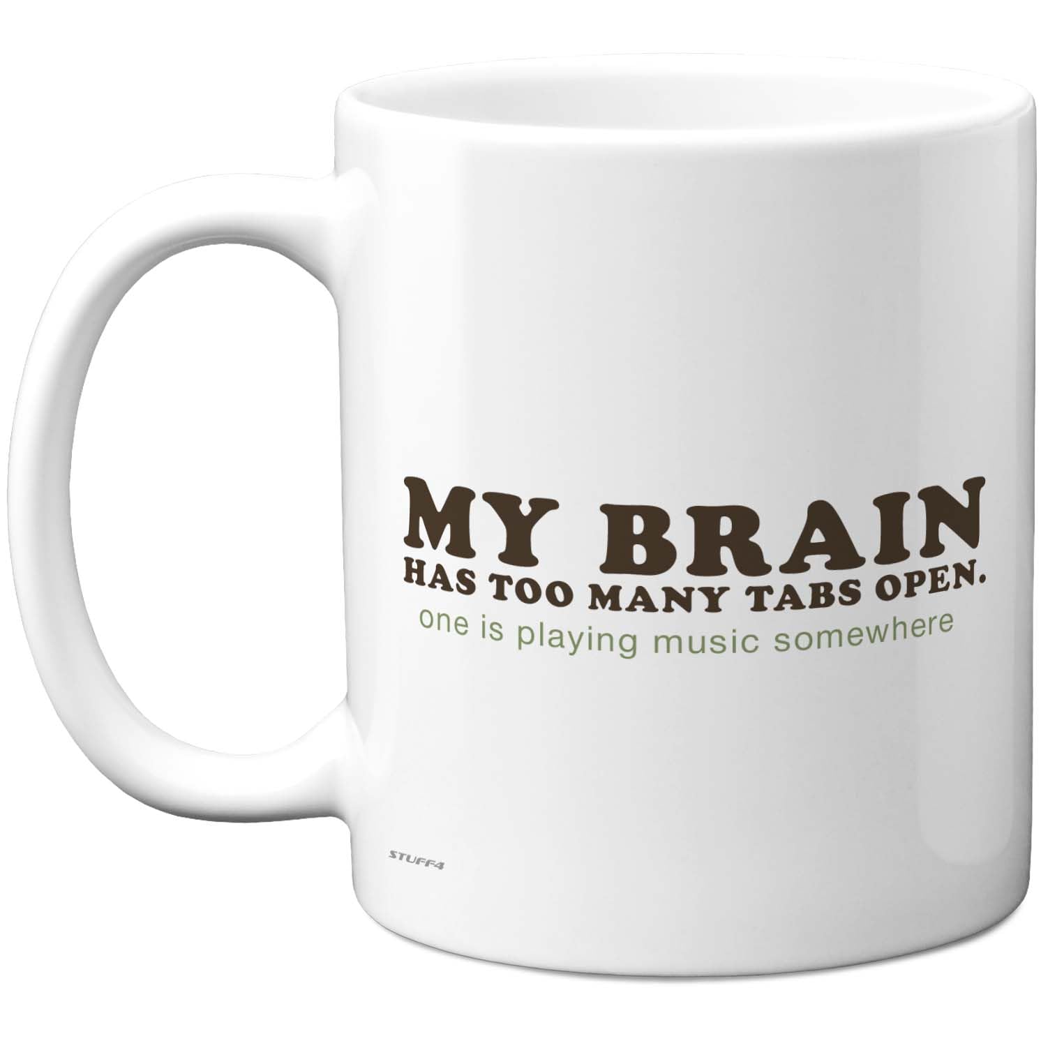Stuff4 Too Many Tabs Open Mug - Relatable Brain and Music Typography Design - Playful Gift for Office or Home - 11oz Ceramic Gloss Mug