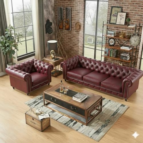 Image of Classic Leatherette Chester Sofa Set Button Tufted, Classic Style Sofa Set 3-Person Sofa for Living Room, Office, and Hallway Colour (Burgundy Leatherette, 3+1 = 4 Seater Sofa)