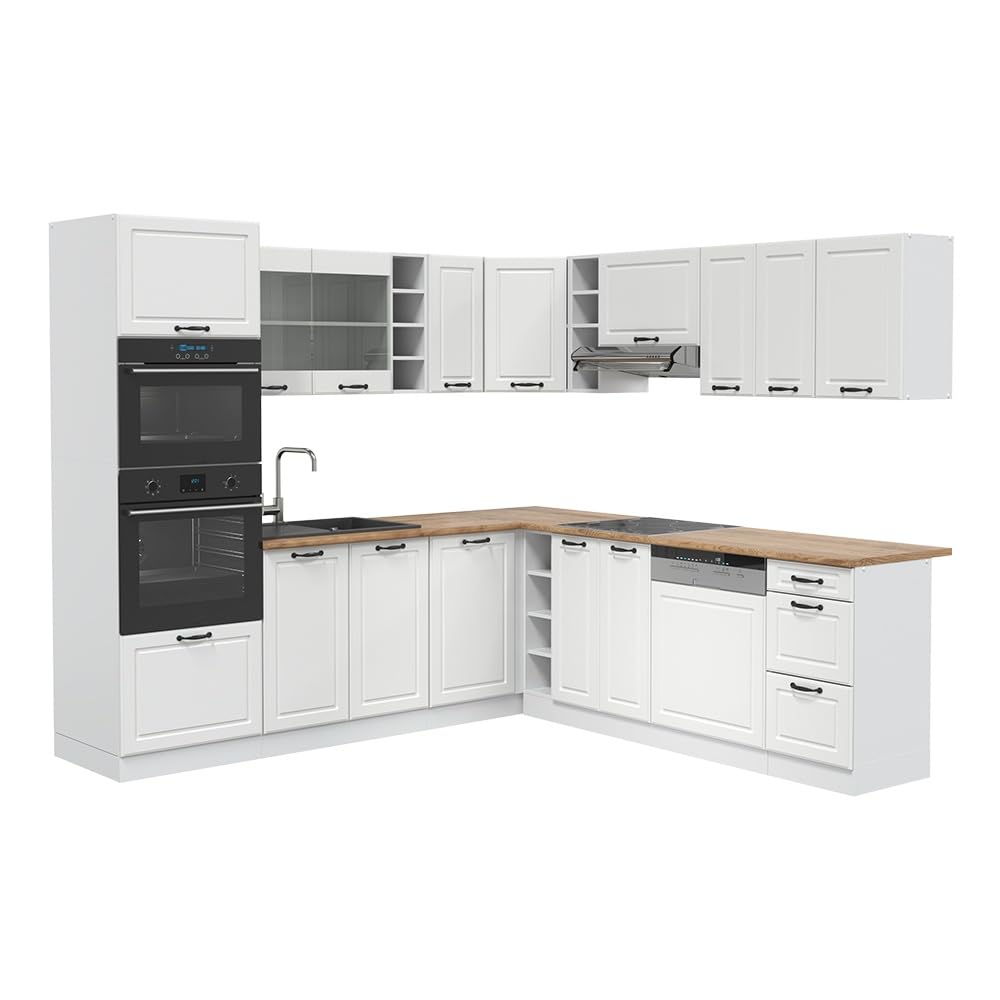 Vicco Cucina angolare completa R-Line Bianco country/Bianco 247x237 cm | senza piano di lavoro, per disposizione flessibile ed espansione modulare