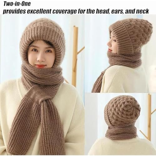 Emboadlie Winter Versatile Knitted Hooded Scarf for Women Beanies Hat and Set Hats Attached Snood Brim Beanie Windproof2