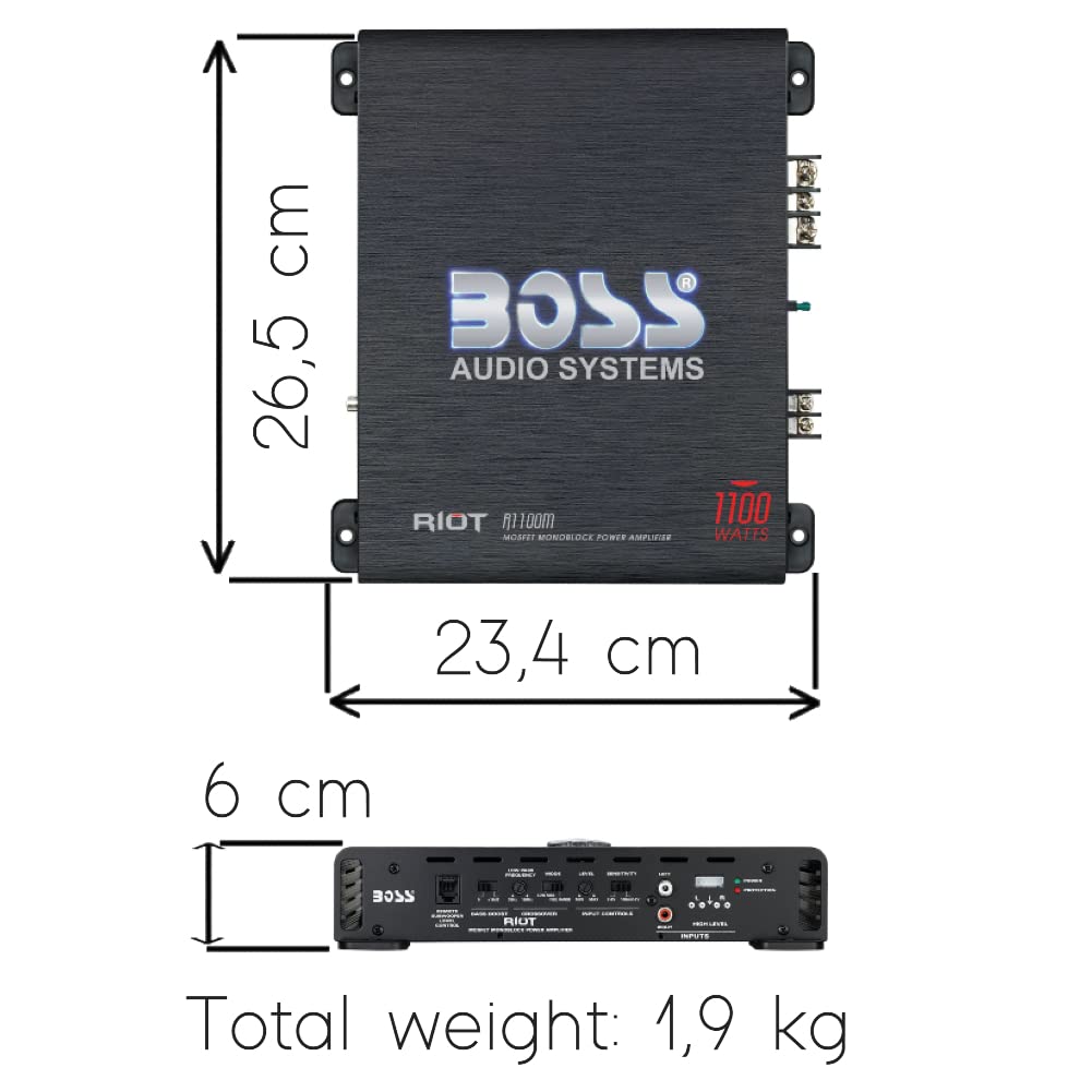 KIT SET PARA BOSS AUDIO SYSTEMS RIOT R1100M 1 amplificador 1 canal monofónico clase ab 1100 watt máx. 1 x 825 watt rms bass boost 0/+18 db con control remoto incluido, 1 pieza
