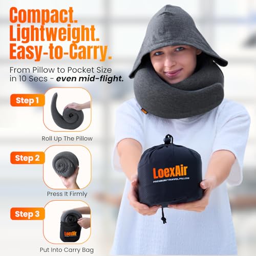 Image of LOEXAIR Hooded Pro Travel Pillow - Memory Foam Neck Support Pillow for Airplane, Flight - Super-Soft Pure Cotton Fabric, Maximum Privacy & Light-Block Design, Lightweight Full Travel Kit - Dark Grey
