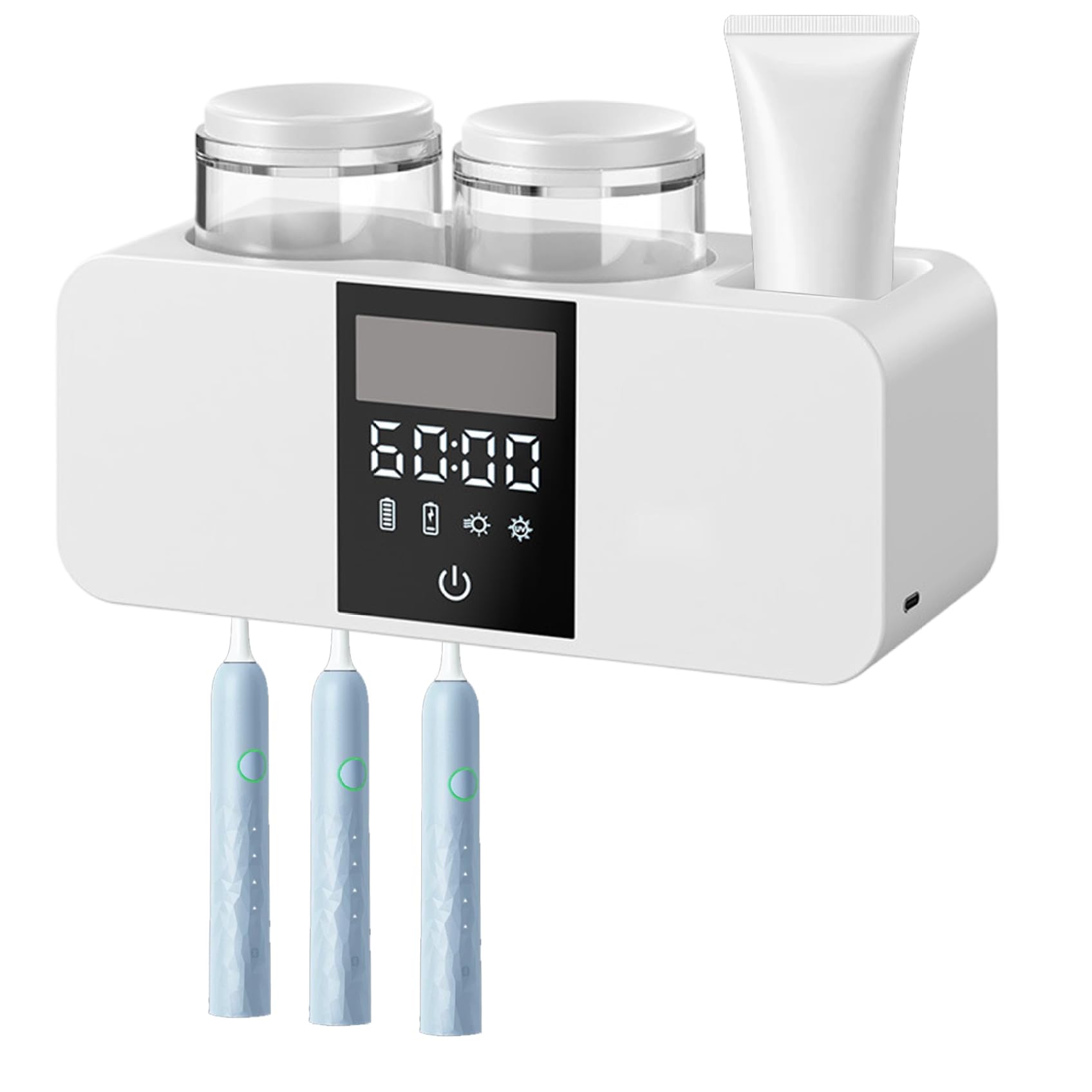 Portaspazzolino intelligente, 2 tazze, ad energia solare, con 4 scomparti e dispenser per dentifricio, autoadesivo, pratico accessorio da bagno