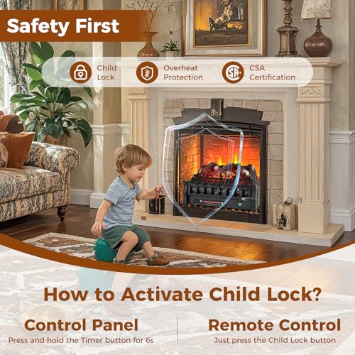 Image of Tangkula 23 Inch Infrared Quartz Electric Fireplace Lemon Wood Log Heater, Fireplace Insert with Remote Control, Adjustable 3D Flame Colors & Brightness, 8H Timer, Overheat Protection, 1500W