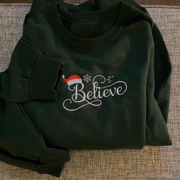 Believe Christmas Sweatshirt, Embroidered Hoodie, Fall Pullover White3