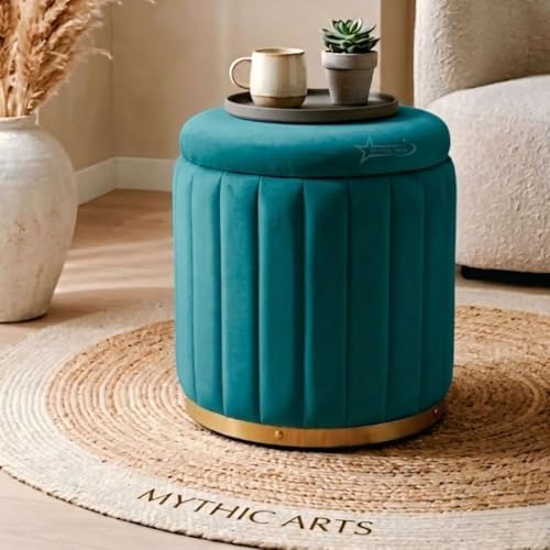 Image of Superior Round Storage Ottoman Stool 13 X 13X 16 inch, with Gold Metal Base | Elegant Pouffe with Secret Storage | Cushioned Footrest for Living Room, Bedroom, and Lounge Aqua