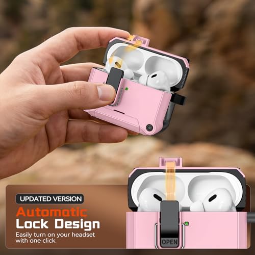 Image of Inesore for AirPods AirPods Pro 1st /2nd Case with Secure Lock (Pink) | Phone Stand Design,Compatible with MagSafe,Automatic Snap Switch Secure Cover with Cleaner Kit & Keychain