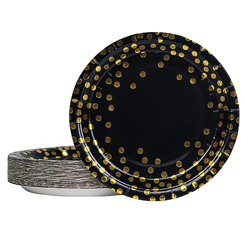 EVYIENEN Lot de 50 assiettes en carton noir et doré - 17,8 cm - Assiettes à dessert jetables en carton - Pour anniversaire, fête, pique-nique et remise de...