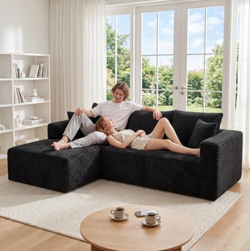 Image of 92.5 inch Modular Sectional Sofa, L-Shaped Cloud Couch with Deep Seats and Chaise, Upholstered Corduroy Boneless Couch for Living Room Small Space, No Need Assembly - Black(Left Facing Chaise)