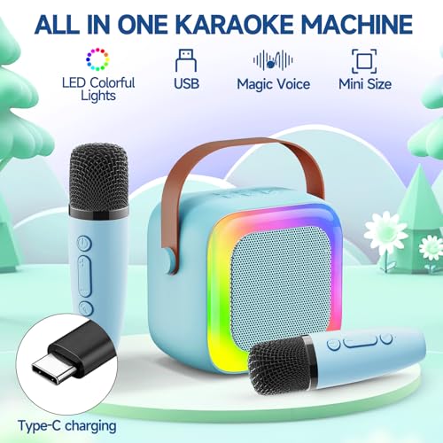Mini Karaoke Machine with 2 Wireless Mics & LED Lights - Kids & Adults - Image 4