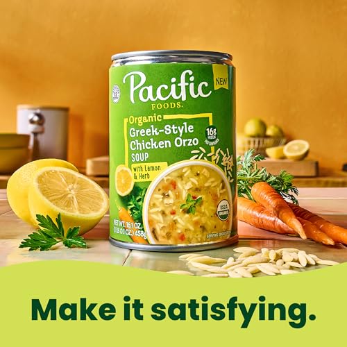 Image of Pacific Foods Organic Greek-Style Chicken Orzo Soup With Lemon and Herb, 16.1 oz Can