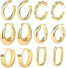 6 Pairs Thick Hoop Earrings for Women Hypoallergenic 14 K Gold Plated Chunky Braided Huggie Jewellery Set, Copper, No Gemstone