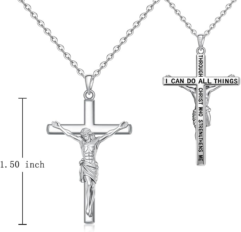 Crucifix Necklace for Men Women Sterling Silver Jesus Cross Necklace Christian Jewelry Gift for Him Her