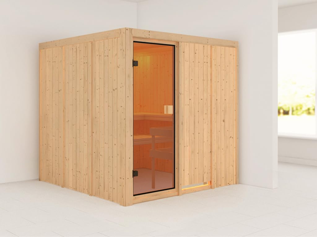 KARIBU Elementsauna Celine 4 Fichte Natur 68 mm, Innensauna für 2 3 Personen, Systembauweise mit bronzierter Ganzglastür, 3 Liegen, Ofenschutzgitter, Innenmaße 196x196x198 cm, Ohne Dachkranz
