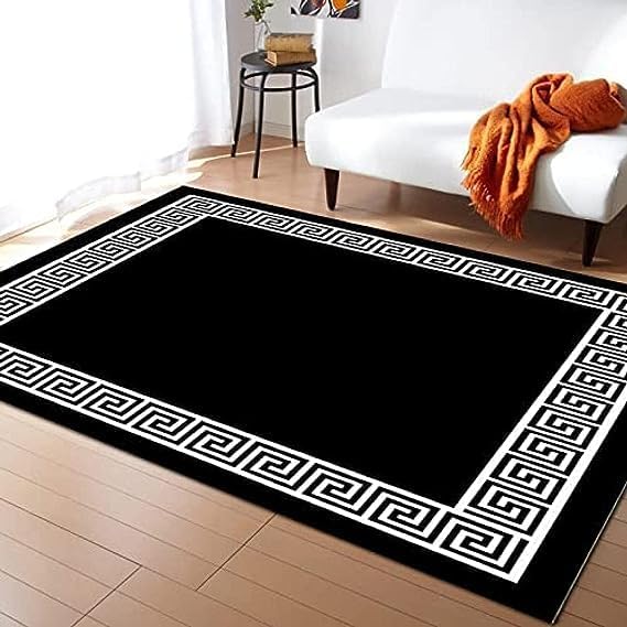 Alfombra vintage con llave griega en blanco y negro, antideslizante, de geometría simple, lavable a máquina, transpirable, duradera, para decoración