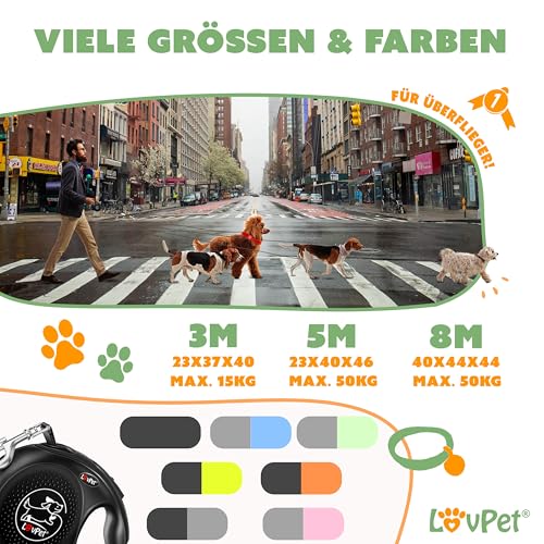 LOVPET® Hunde Rollleine 8m | Hundeleine für kleine & große Hunde 50kg | Ausziehbare Leine ergonomischer & Rutschfester Griff | Joggingleine 360° Leinenverlängerung | Laufleine Reflektierenden Maschen