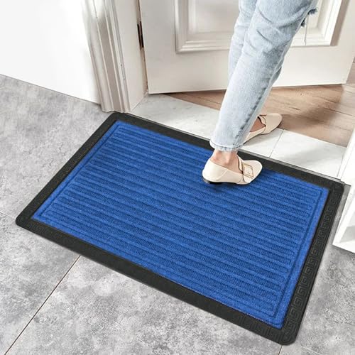 Image of Yellow Weaves 2 Pcs Door Mat for Home Entrance, Outdoor Rubber Mat - Non-Slip, Anti Skid Foot Mat, Dirt Trapper, Heavy-Duty, Weather-Resistant, Waterproof Doormat (40x60cms, Stripe, Blue Color)