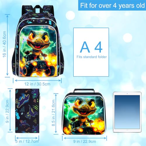 Image of 16 inch Dinosaur Backpack for Boy, 3Pcs Truck Bookbag with Lunch Box, Kids School Backpacks for Elementary Preschool Kindergarten (Black)