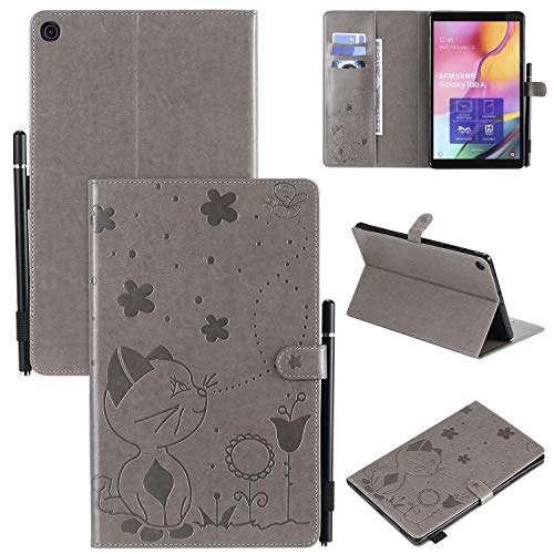Hülle für Samsung Galaxy Tab A 10.1 (2019) T510,Pu Leder Katze Biene Schutzhülle Case Cover mit Ständer Stift Halter Funktion,Grau