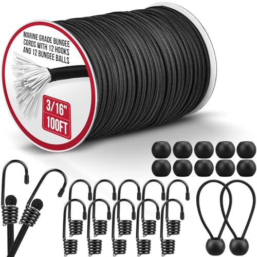 Marine Grade Heavy Duty Bungee Cord Roll with 12 Hooks 12 Bungee Balls- Black Elastic Shock Cord for Kayak Deck Outdoor Camping Tarp Tie Downs Bike Rack DIY Assorted Bungee Ropes (3/16 x 100ft)