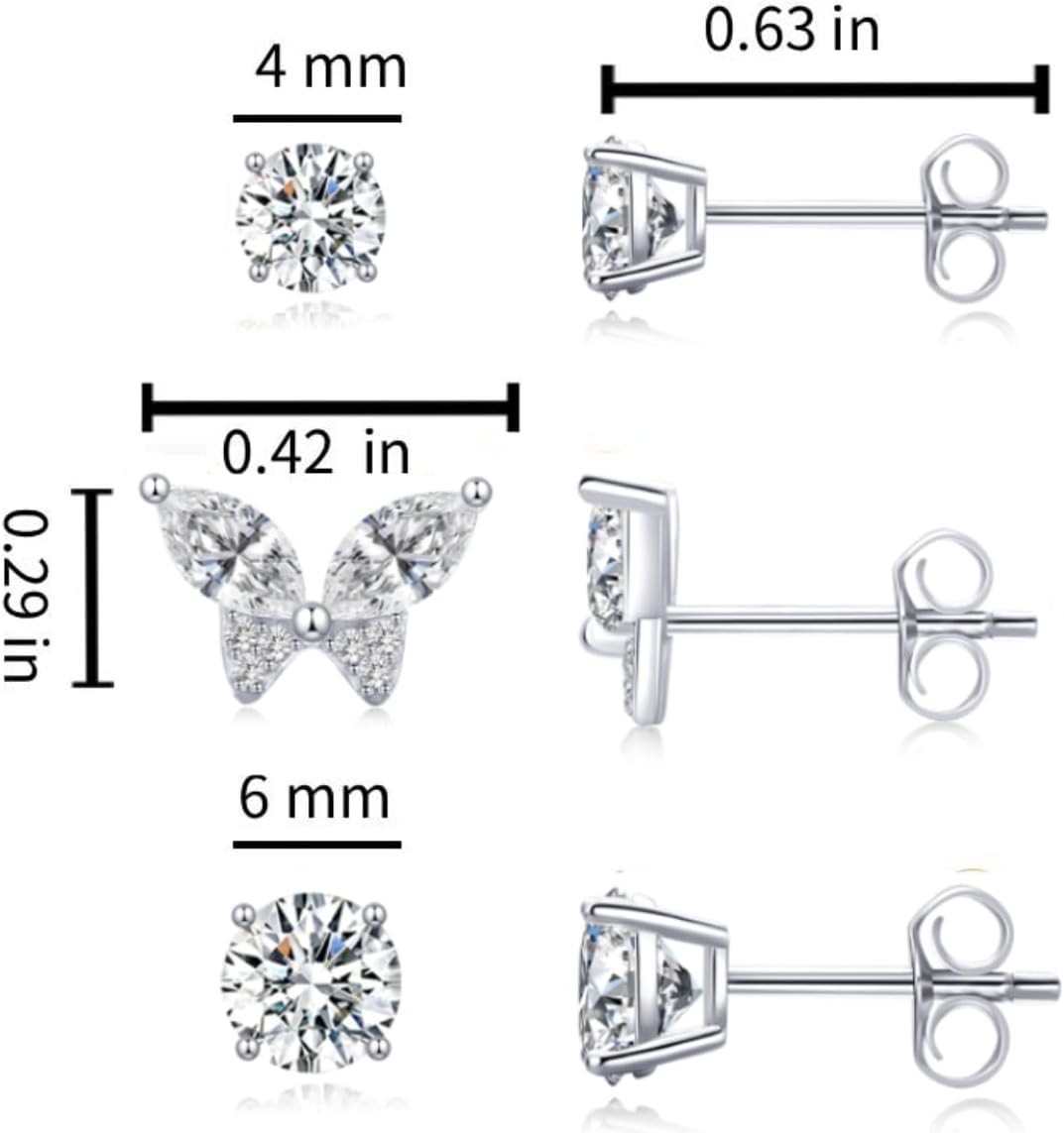 3 Pairs 14K Gold Plated Cubic Zirconia Earrings Set, Round & Butterfly Stud Earrings (Size 6mm 4mm 3mm), S925 Silver Posts, Hypoallergenic Earrings for Women & Men - Image 7