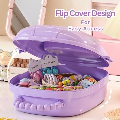 Image of KiZY Girl Kid Hair Accessories Storage Box | Hair Ties-Clips, Bow-Ribbon-Headband, Jewelry Organizer | Portable Case | Available in Multiple Design-Color. (Pack of - 1, Purple Trolly)