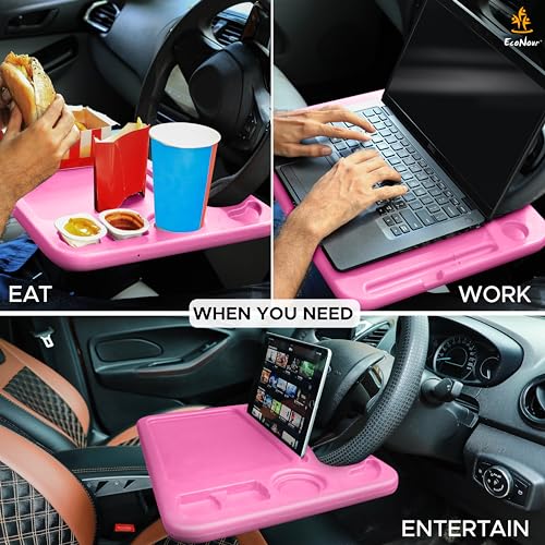 Image of EcoNour 4 in 1 Car Steering Wheel Tray - 2024 Upgraded Pink Tray with Dual Sauce Dip Holder and Tablet Holder | Spacious Steering Wheel Desk for Food and Laptop | Car Accessories (Large)