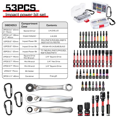 Image of Geinxurn 53pieces Impact Magnetic S2 Steel Screwdriver Bits Set, with Mini Wrench, Bit Holder, Square Drive and Impact Socket Adapter with Storage Box for Repair&DIY