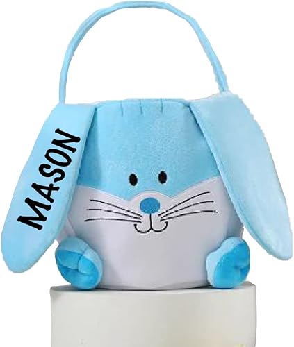 Cesta de conejo azul de felpa personalizada para niños, cesta de conejo con asa My First Easter Basket